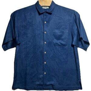 Tommy Bahama Shirt Men Medium Silk Jacquard Leaf‎ Floral Navy Aloha Resort